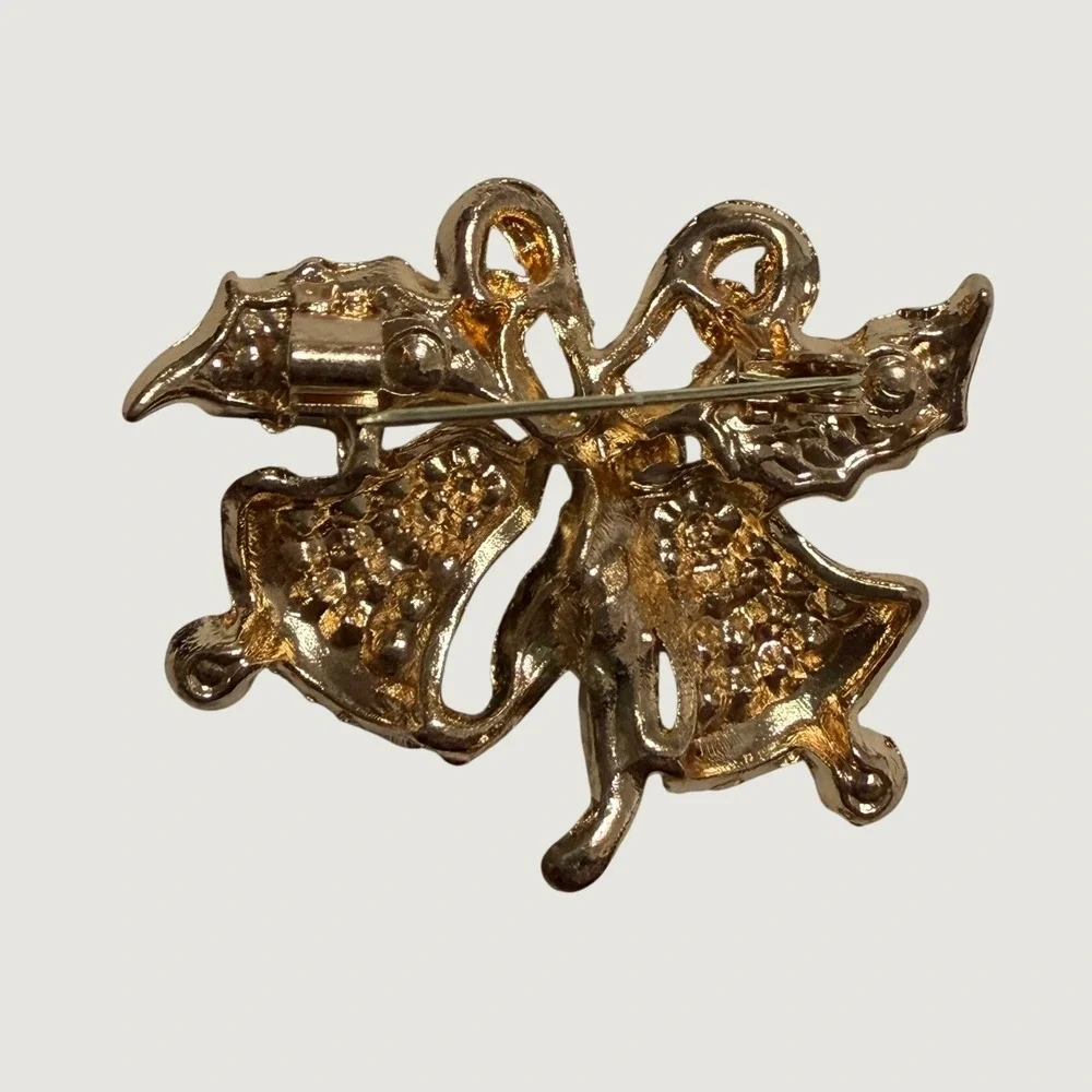 Christmas Bells Brooch Pin - Red & Green Rhinestone Holiday Jewelry